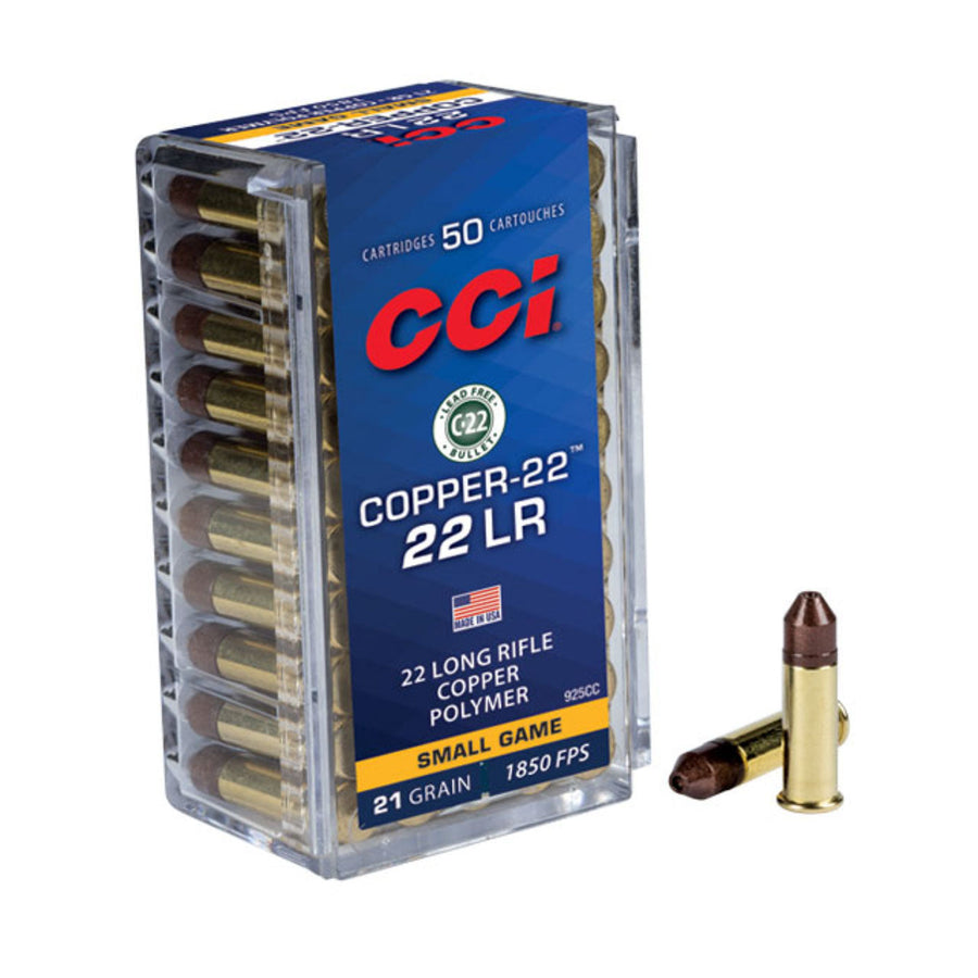 CCI Copper 22 LR 21 Grain - 1850 FPS - Hollow Point - Rimfire Ammo - 50 Rounds .22 LR