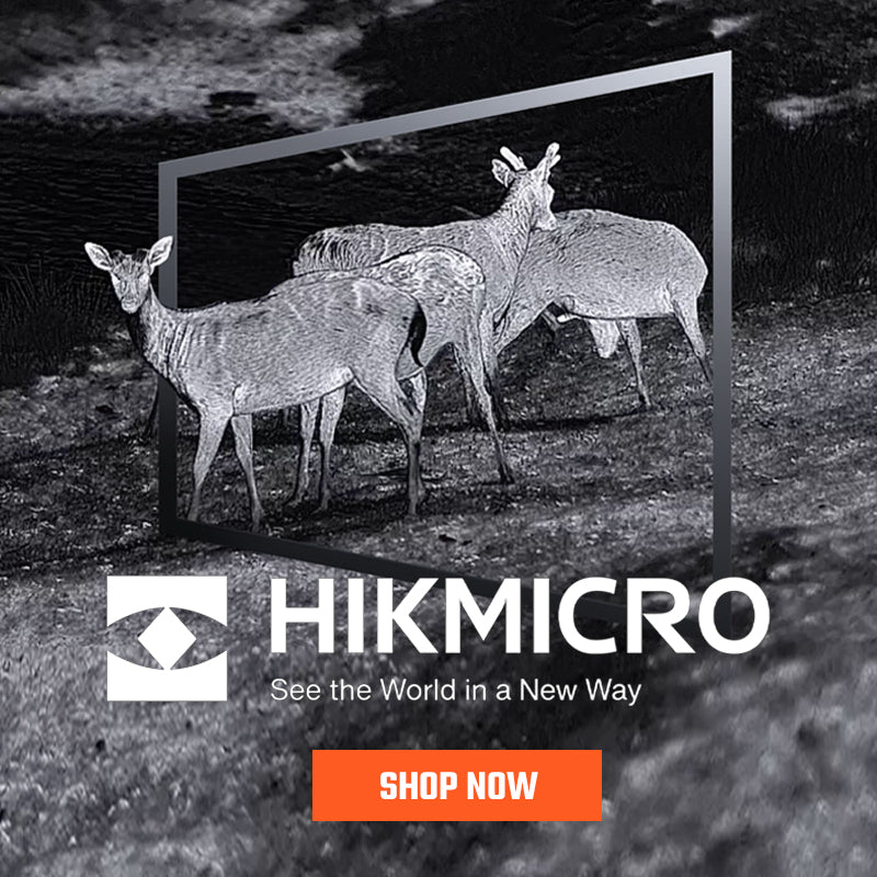 Night vision image of deer with Hikmicro logo and 'Shop Now' button.