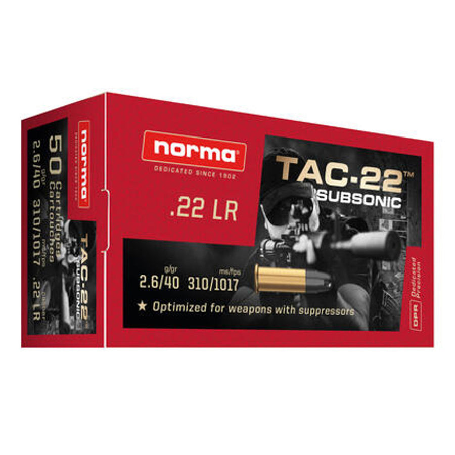 Norma 22LR Tac-22 Subsonic 40gr HP Centrefire Ammo - 50 Rounds