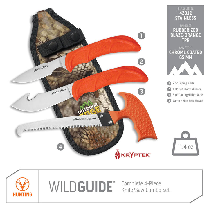 Outdoor Edge Wildguide 3 Piece Caping Knife/Gut-Hook Skinner/T-Handle Wood Bone Saw