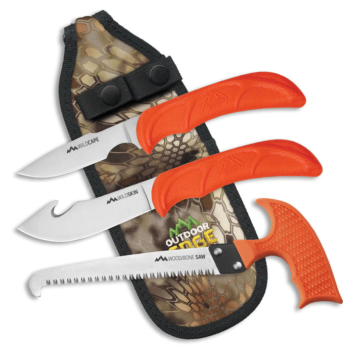 Outdoor Edge Wildguide 3 Piece Caping Knife/Gut-Hook Skinner/T-Handle Wood Bone Saw