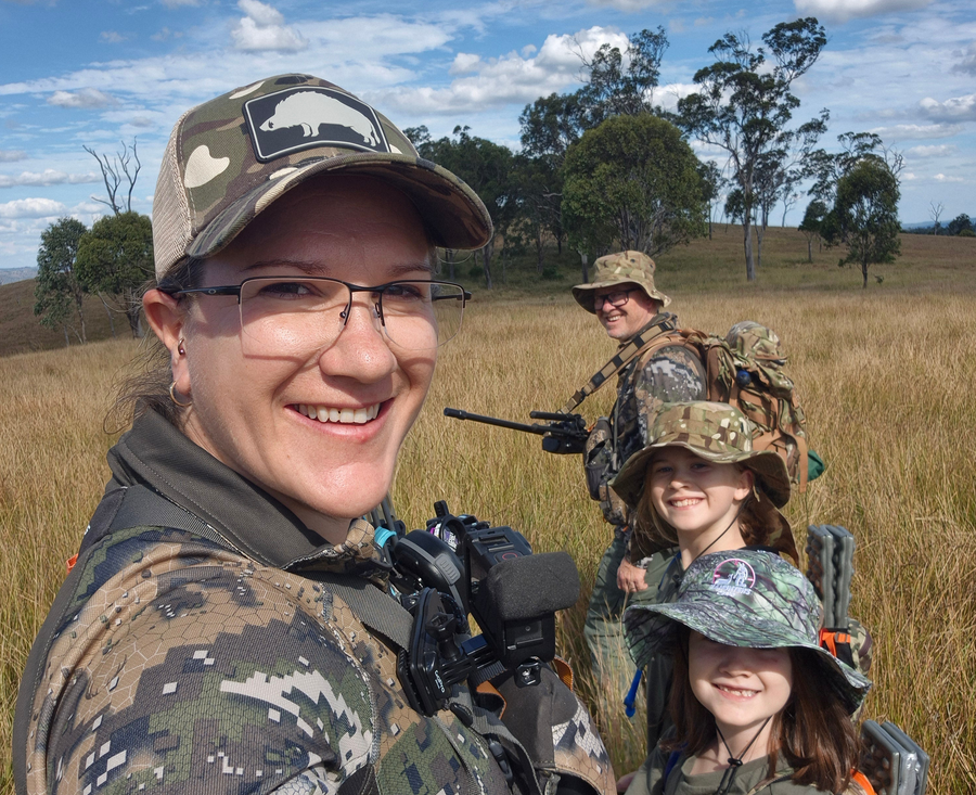 Kate George, Brett and the girls geared up in the field