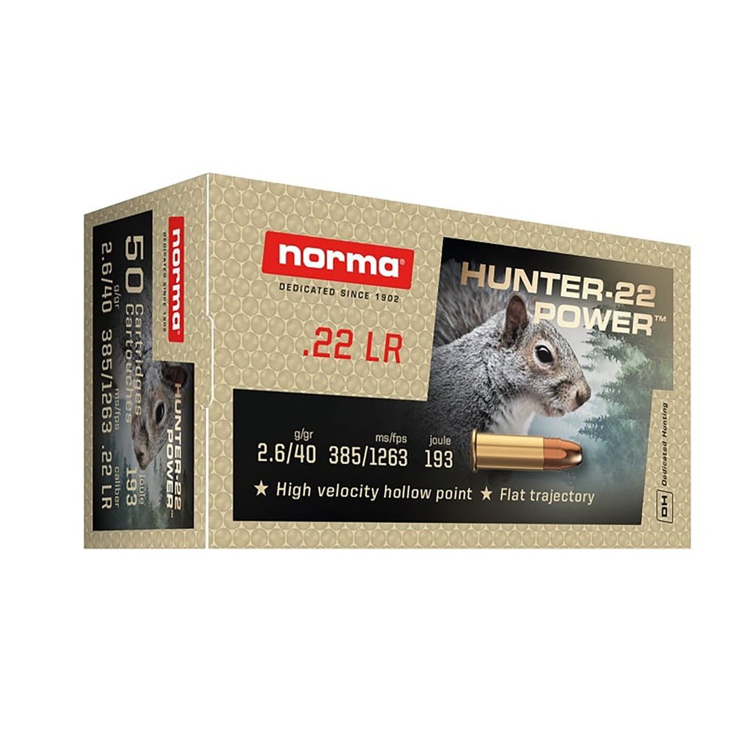 Norma 22LR Hunter-22 Power 40gr High Velocity HP Centrefire Ammo - 50 Rounds .22 LR