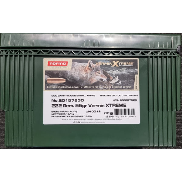 Norma 222 Rem 55gr Vermin Xtreme HP Centrefire Ammo Can - 900 Rounds