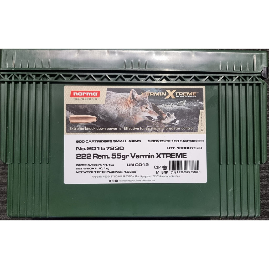 のむりん Norma 222 Rem 55gr Vermin Xtreme HP Centrefire Ammo Can - 900
