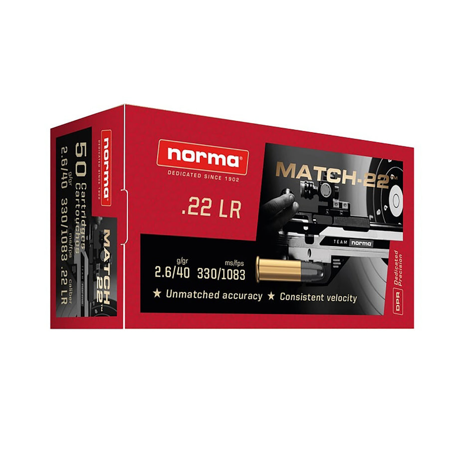 Norma 22LR Match-22 40gr LRN Centrefire Ammo - 50 Rounds .22 LR