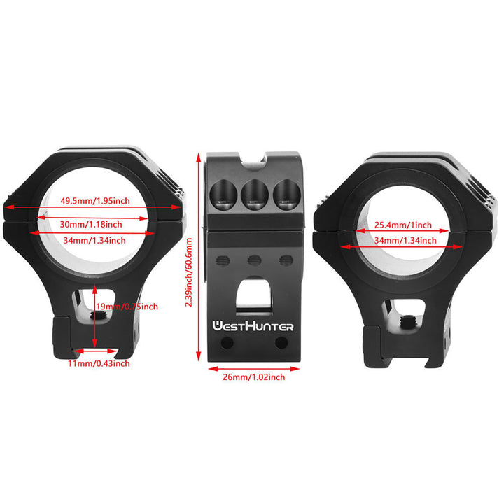 WestHunter 11mm Dovetail Scope Rings - 34mm High Profile Black