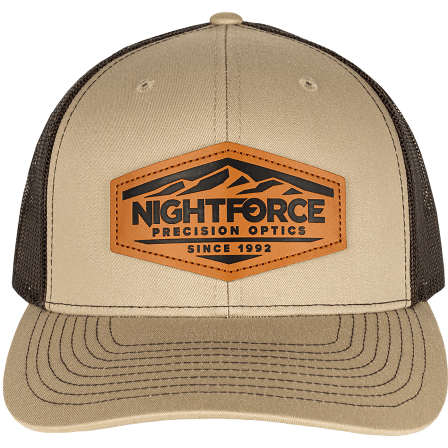 Nightforce Mountain Heritage Leather Patch Trucker Hat Khaki