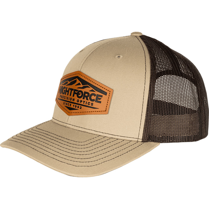 Nightforce Mountain Heritage Leather Patch Trucker Hat Khaki