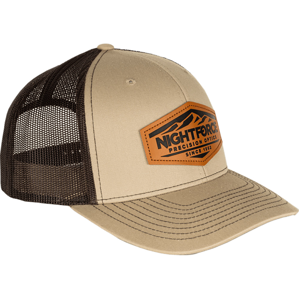 Nightforce Mountain Heritage Leather Patch Trucker Hat Khaki