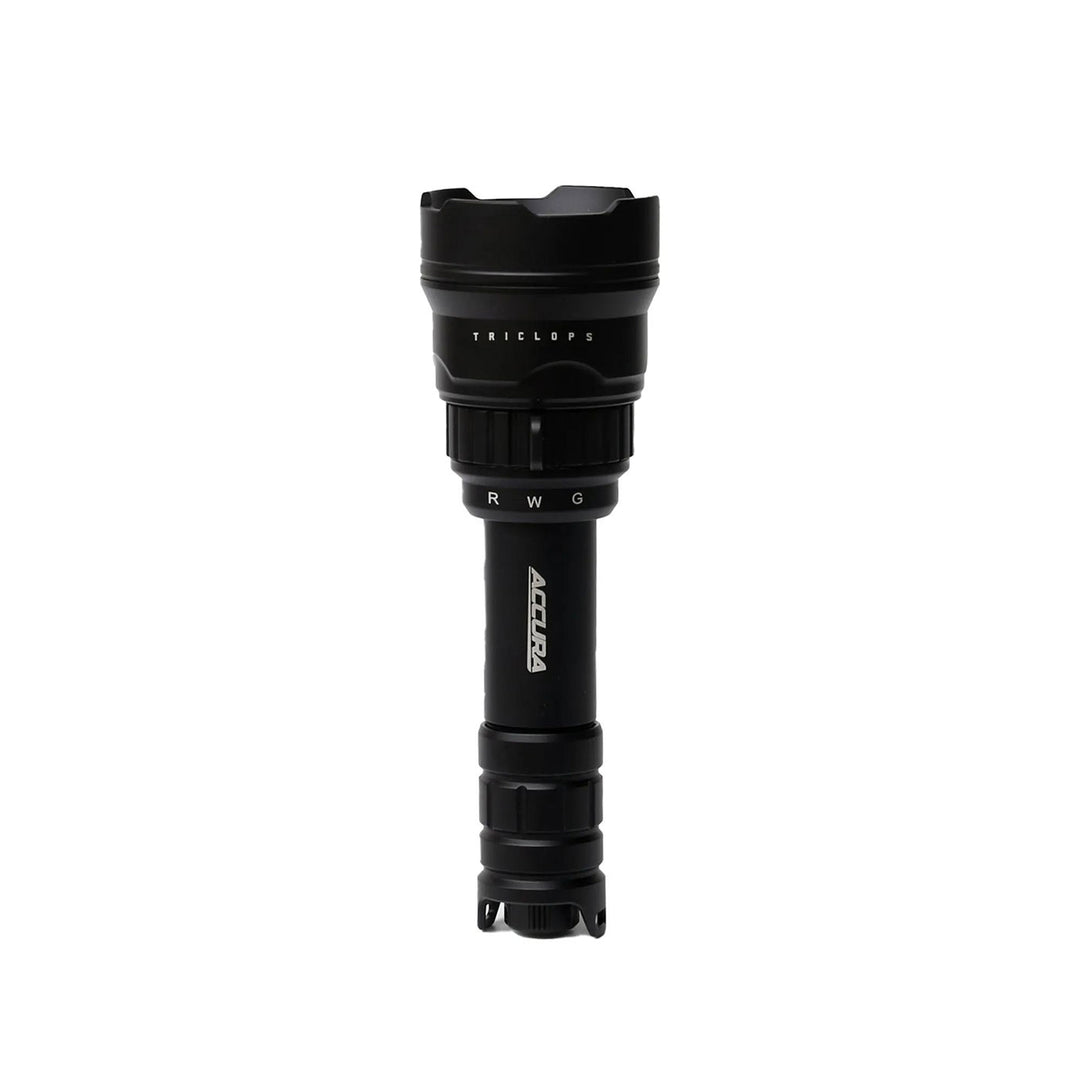 Accura Triclops LED Torch 800 LM White / Red / Green Colours inc. battery-charger and mount
