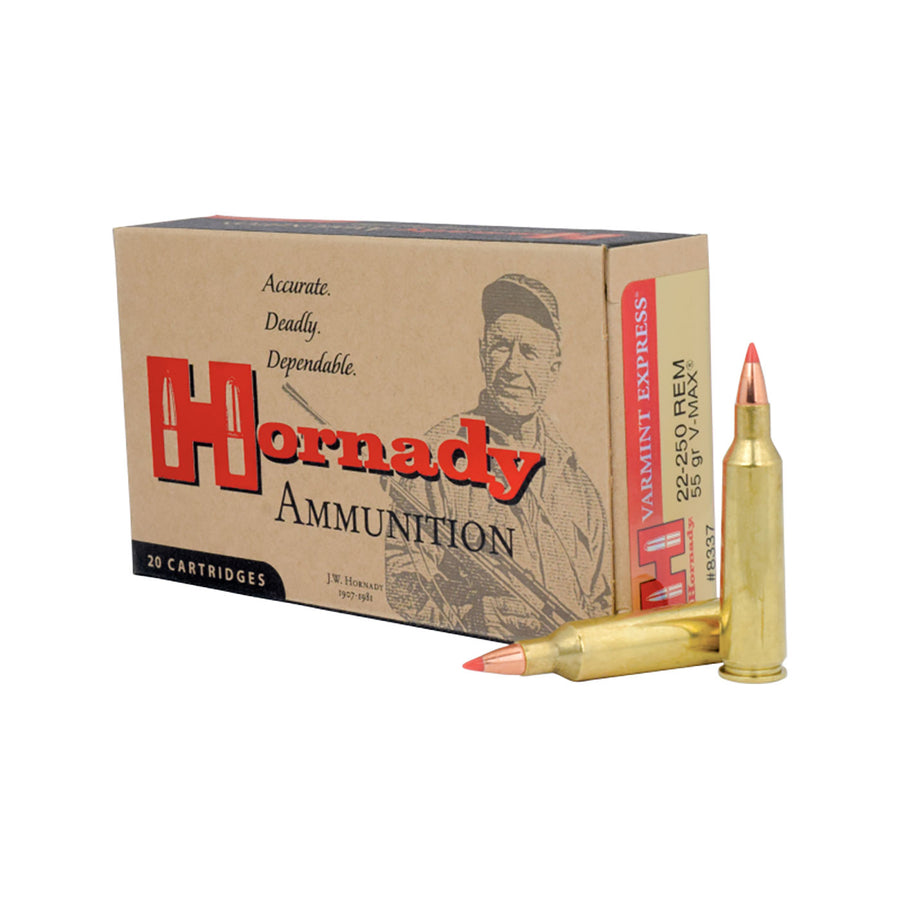 Hornady V-Max, .22-250 REM, 55gr, Polymer Tip, Centrefire Ammo - 20 Rounds