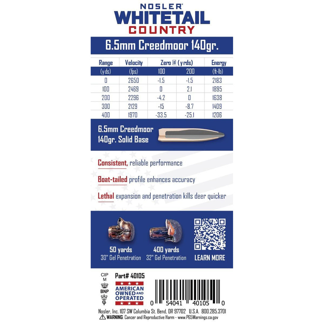 Nosler Whitetail Ammo 6.5 CM 140GR Sb Sp Centrefire Ammo - 20 Rounds Calibre - 6.5 CREEDMOOR