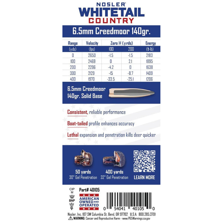 Nosler Whitetail Ammo 6.5 CM 140GR Sb Sp Centrefire Ammo - 20 Rounds Calibre - 6.5 CREEDMOOR
