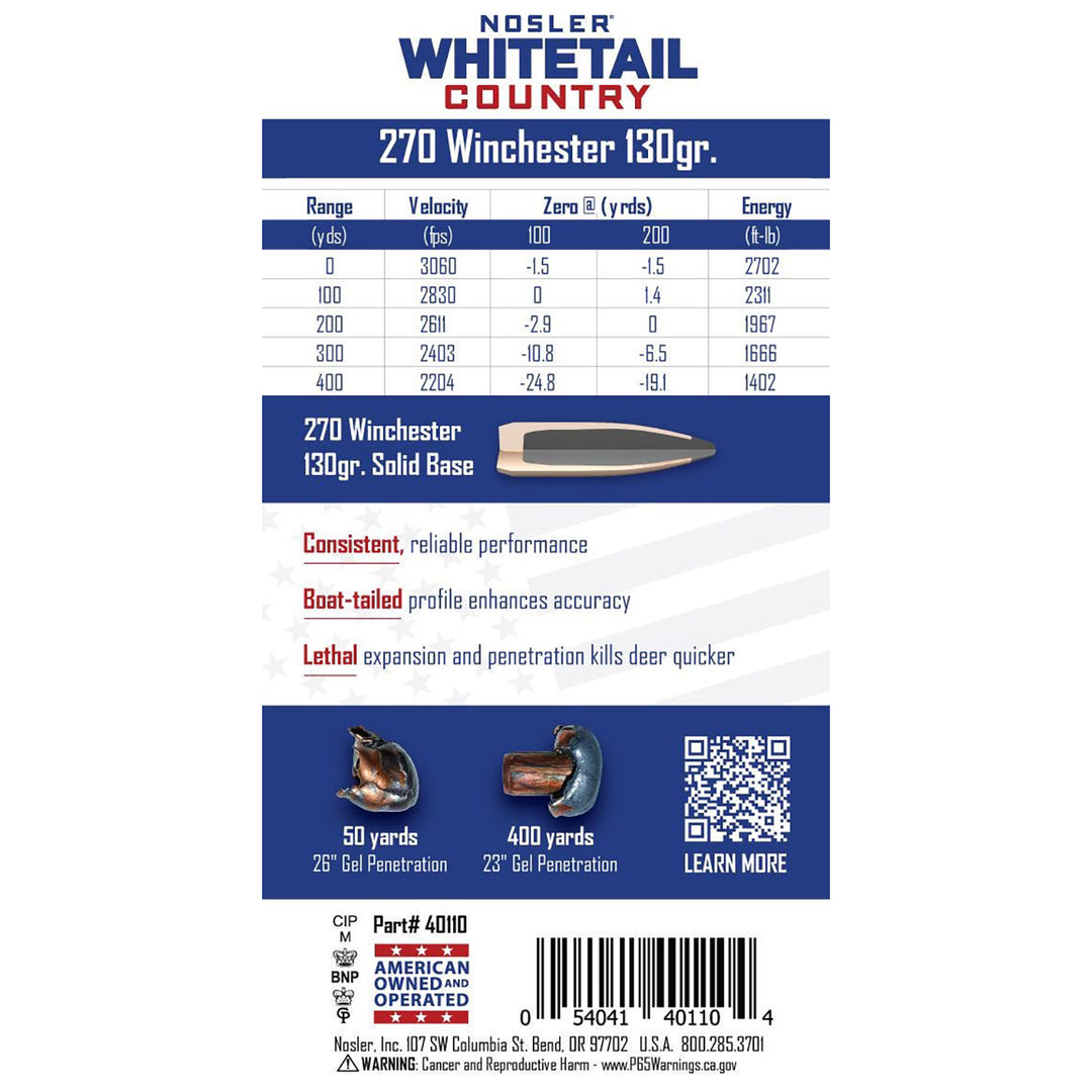 Nosler Whitetail Ammo 270 WIN 130GR Sb Sp Centrefire Ammo - 20 Rounds Calibre - .270 WIN