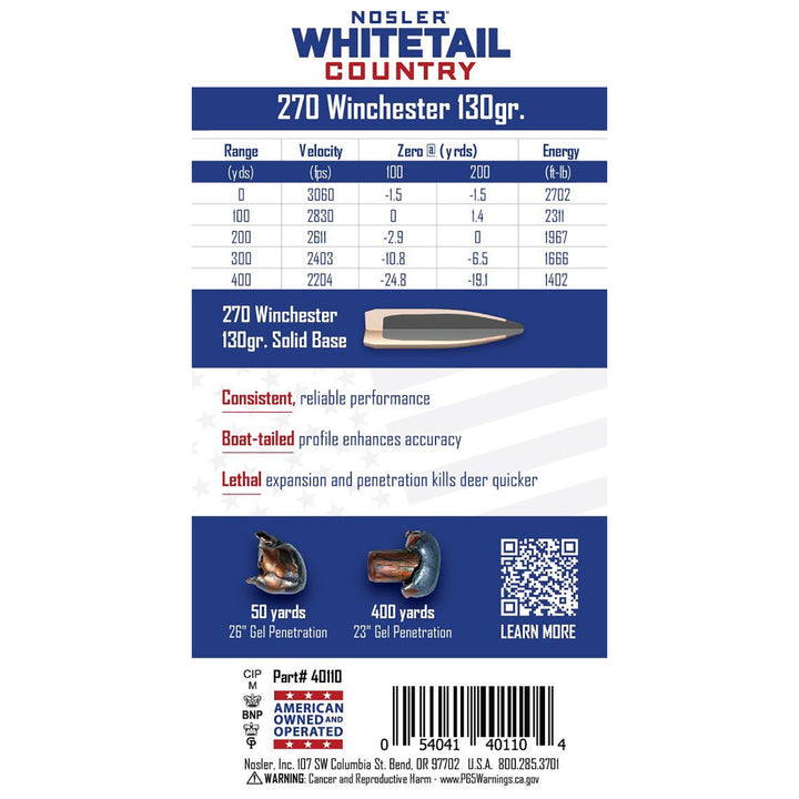 Nosler Whitetail Ammo 270 WIN 130GR Sb Sp Centrefire Ammo - 20 Rounds Calibre - .270 WIN