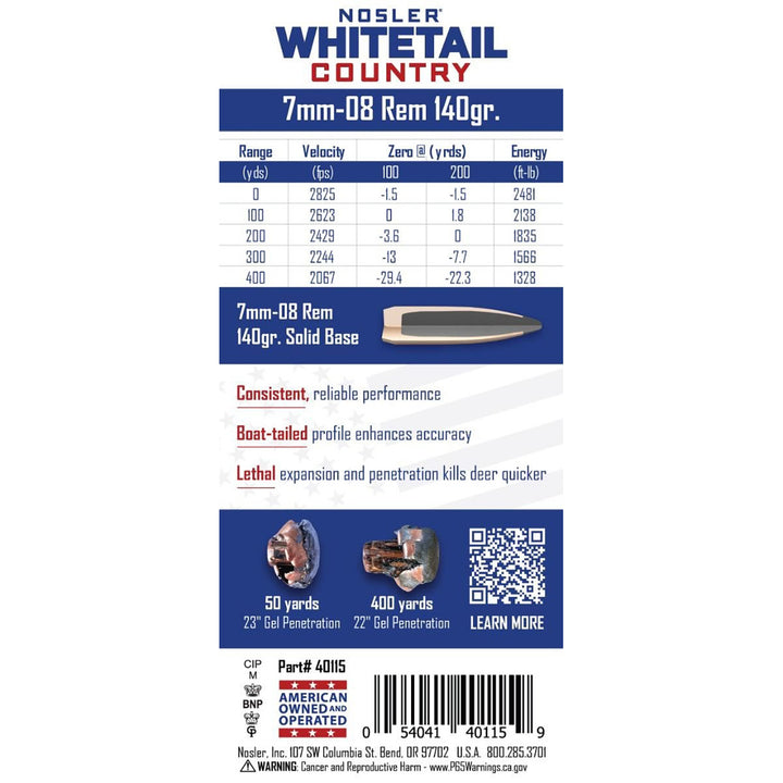 Nosler Whitetail Ammo 7mm-08 140GR Sb Sp Centrefire Ammo - 20 Rounds Calibre - .7MM-08 REM