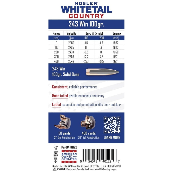 Nosler Whitetail Ammo 243 WIN 100GR Sb Sp Centrefire Ammo - 20 Rounds Calibre - .243 WIN