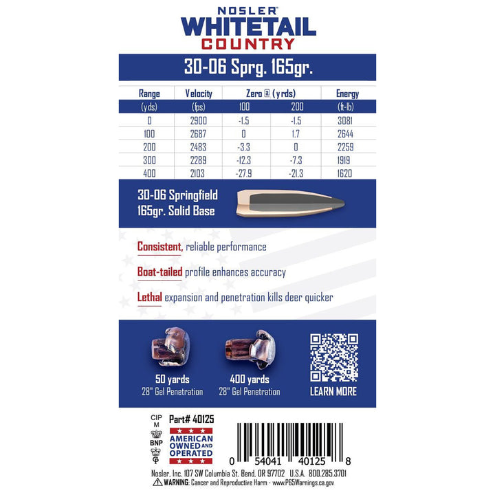 Nosler Whitetail Ammo 30-06 SPR 165GR Sb Sp Centrefire Ammo - 20 Rounds Calibre - .30-06 SPRINGFIELD