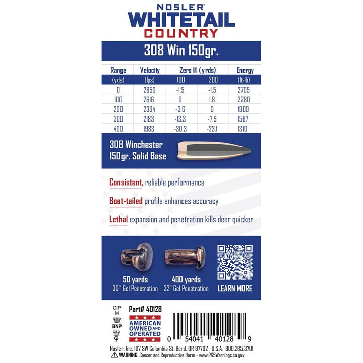 Nosler Whitetail Ammo 308 WIN 150GR Sb Sp Centrefire Ammo - 20 Rounds Calibre - .308 WIN