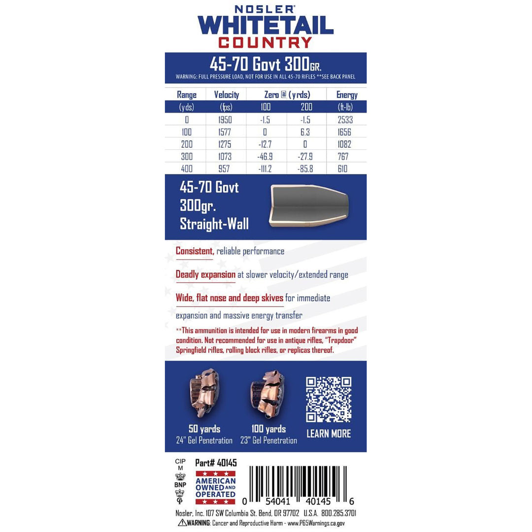 Nosler Whitetail Ammo 45-70 GOVT 300GR Sb Sp Centrefire Ammo - 20 Rounds Calibre - .45-70 GOVT