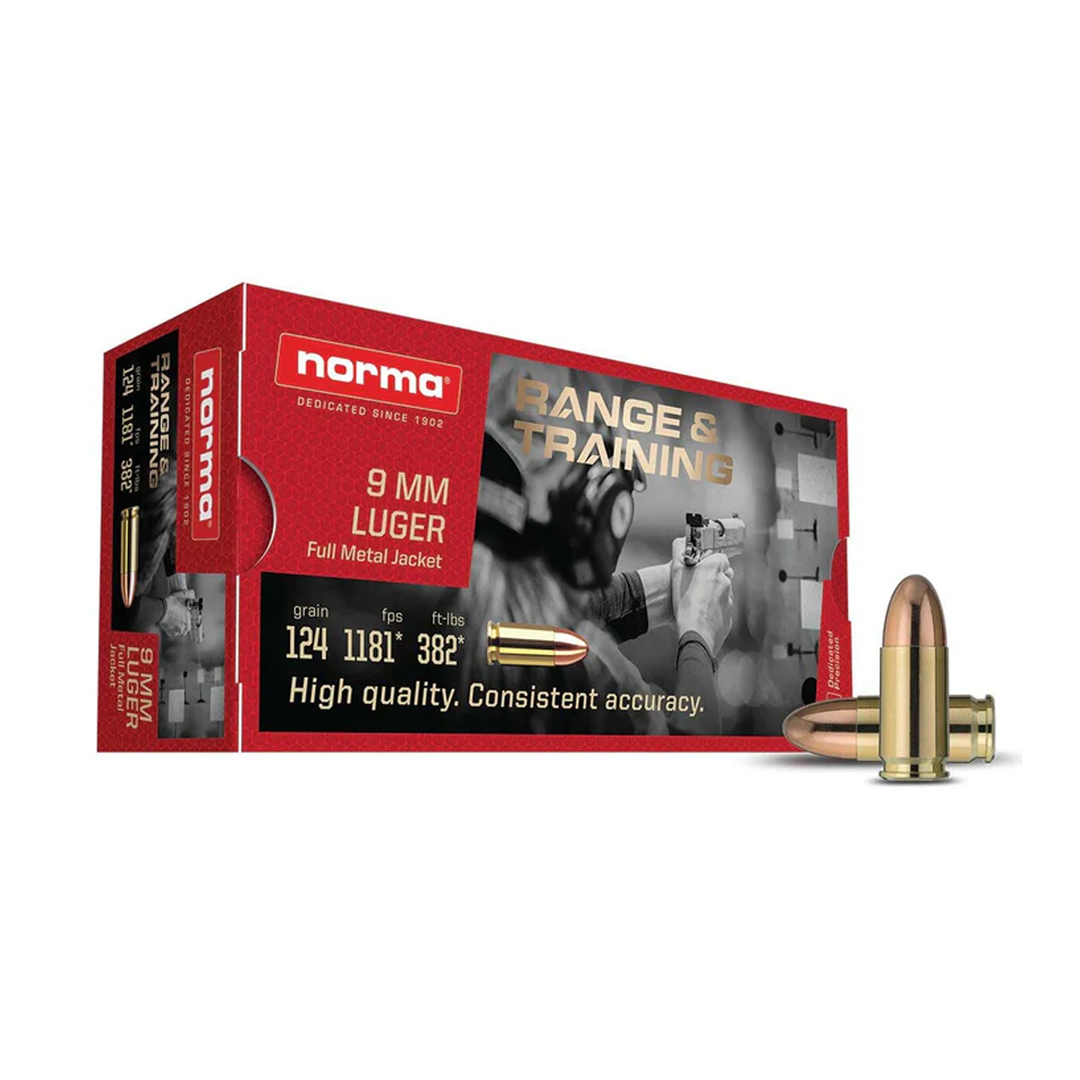 Norma Range and Training 9mm Luger 124gr FMJ Centrefire Ammo - 50 Rounds