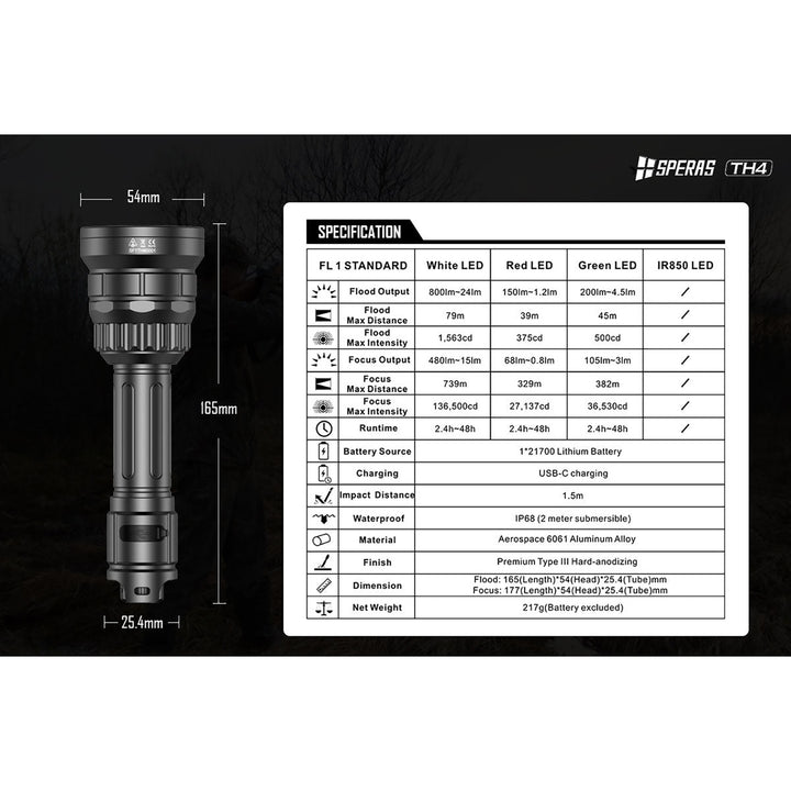 Speras White, Red and IR Led Hunting Flashlight - 800 Lumens