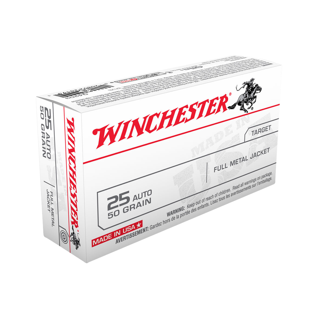 Winchester USA 25 Auto 50GR 760FPS FMJ Centrefire Ammo - 50 rounds