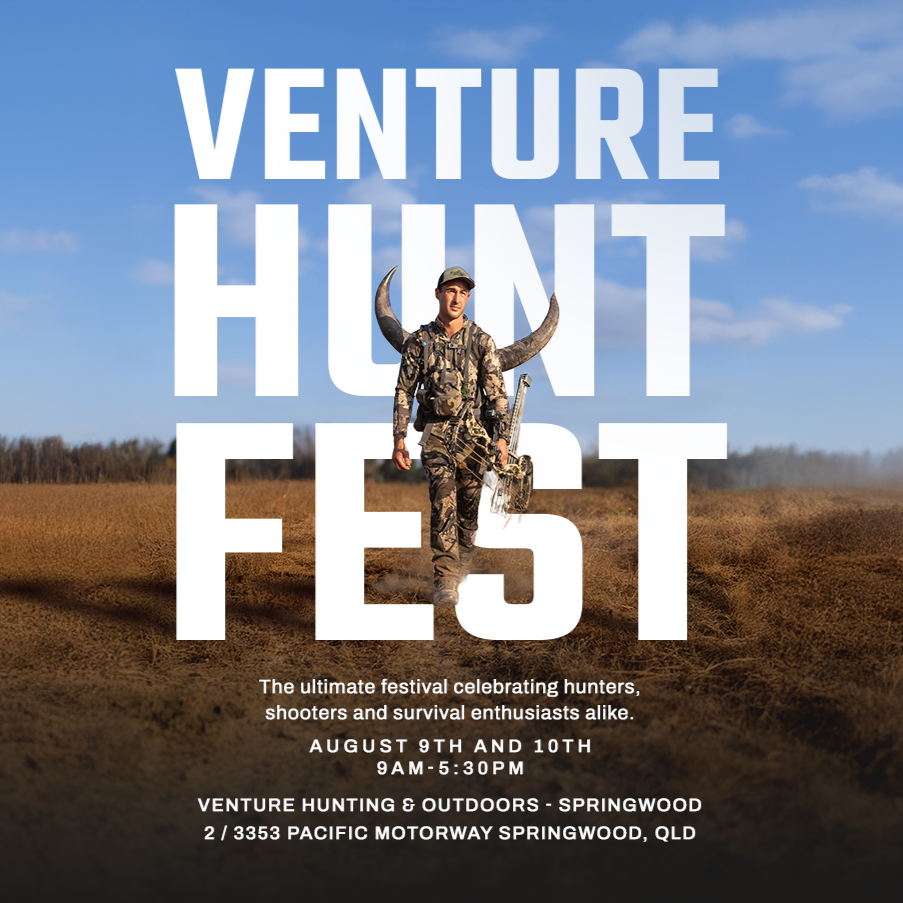 Advertisement for 'Venture Hunt Fest' with a person in a field and text overlay.