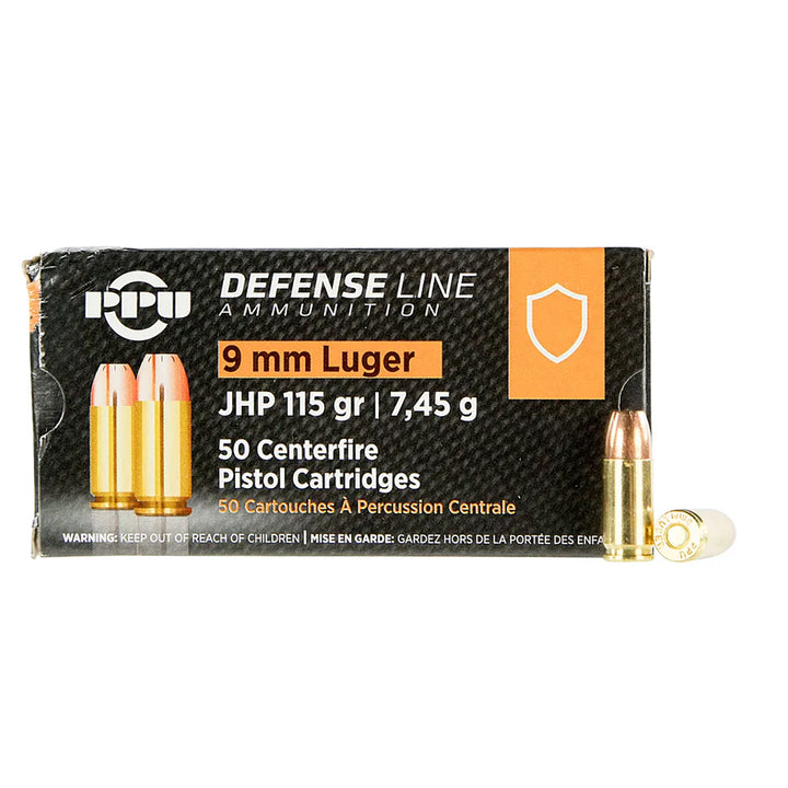 PPU 9mm 115gr JHP Centrefire Ammo - 50 Rounds